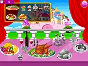 Screenshot from Thanksgiving at the Palace online game showing a perfectly cooked turkey on a platter surrounded by festive, decorated table settings.