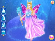 Winter Fairy Dress Up game, fashion screenshot with a fairy wearing a glamorous icy blue dress and holding a magical staff