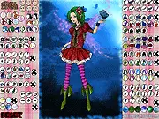 Screenshot of the Pixie Dress Up online game showing a beautiful forest fairy character surrounded by menus for selecting and customizing intricate clothing, magical jewelry, and large fantasy wings.