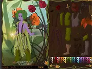 The creation interface of Pixie Scene Maker showing a half-designed female pixie and a male sparrowman character in a whimsical Neverland forest background