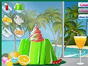 Tropical Jelly Dessert Maker free online game screenshot showing a colorful jelly dessert topped with fresh fruit and a creamy topping.