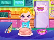 Baby First Thanksgiving free online game screenshot showing a cute baby cooking a turkey and dressing up in holiday clothes.