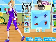 Screenshot of the Training Girl dress up game showing a stylish girl in a gym setting wearing a trendy workout outfit.