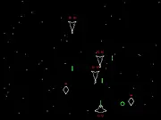 Wireframe Wars space shooter game, retro screenshot of a ship firing at geometric enemies