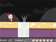 BlitzKringle game screen showing a pixel art Santa Claus in his sleigh speeding across snowy rooftops with presents in his hand
