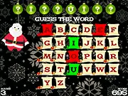 The main screen of the word-guessing game Hangmas, featuring a Christmas-themed drawing of a character being completed and a grid for guessing letters