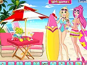 Free online decoration game My Beach Design showing a customized beach scene with two ladies, furniture, and summer food