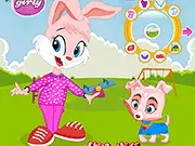 Free online game Cute Pets Dressup showing a small dog and cat dressed in adorable outfits and standing in a park setting