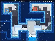 The main gameplay screen of the pixel-art platformer game Pixel Quest: The Lost Gifts, showing the character Rex jumping over spikes to collect a shining gift