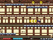 The gameplay screen of Skyward Ninja showing a small ninja character jumping between small platforms on a difficult vertical ascent against a stylized sky background