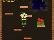 Christmas Jump game screen showing a small elf character standing on a platform next to a tall chimney with lost presents scattered around.