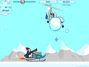 Ice Road Penguins game screen showing a penguin character driving a vehicle or running on an icy road while shooting at incoming enemies and protecting its 10,000 cargo.