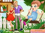 Screenshot of Fun Family Dressup, showing a cartoon family (parents and children) dressed in matching outfits, a free online dressup game for photos