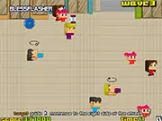 Screenshot of the Momma Run online arcade game showing the Momma character crossing a street while dodging purple thorny balls.
