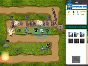 Screenshot of the Tweet Defense online game showing a map with winding paths, multiple defensive towers placed strategically, and waves of monsters attempting to reach the central portal.