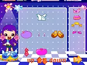 Cute Fashion Show game screen showing a model on a runway with a stylish outfit, surrounded by menu options for clothes and accessories.