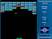 Screenshot of Dimension Ball, a free online arcade game showing a paddle and a ball bouncing off a wall of multi-colored bricks