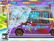 Gameplay screenshot of the Girly Ice Cream Truck Car Wash game, showing a dirty pink ice cream truck ready to be cleaned and repaired.