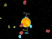 S.T.A.R. Defence game screenshot showing a planet with multiple orbital defense satellites firing lasers at approaching alien spaceships.