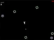 A minimalist, monochrome image of a small triangular ship firing at a large blocky asteroid in a space shooter game, with smaller debris pieces flying away