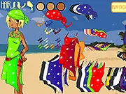 Screenshot of Linda Beach Dress Up online game showing a girl in a stylish swimsuit and sunglasses ready for the beach.