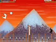 Ninja Volleyball 2-Player Free online game screenshot showing two ninjas battling on a court with spikes below.