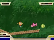 Waffle Boys Jungle Adventure game screenshot showing the Waffle Boy character jumping on a robot enemy in a challenging jungle level