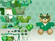 Screenshot of Patrick Bear Dressup online game, showing an adorable bear wearing a green leprechaun hat and outfit with shamrocks.