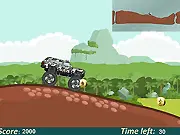 Screenshot of the Jungle Truck game, showing a large monster truck driving over a steep hill in a dense jungle environment; Play this free online game now