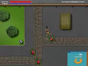 Screenshot of Creeping Doom, a top-down shooter showing a player character firing at multiple waves of hostile green plant monsters.