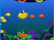 Screenshot of Fishing 7 Days online game showing a magnetic lure collecting a chain of multi-colored fish above sorting buckets.