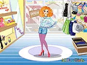 Screenshot of Spring Store Shopping Online, a free dress-up game showing a character next to shelves of new spring clothes and cosmetics.