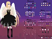 Character dressed in a short, scandalous dress with black angel wings and huge boots in the Party Angel Dress Up game