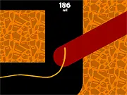The Line Game: Orange Edition gameplay showing a thick orange line being carefully guided through a narrow, dark, cavern-like passage filled with gray obstacles.