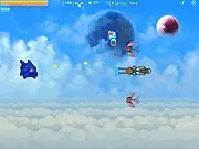 Gameplay screenshot from the horizontal scrolling shoot'em up game Skyhounds, showing the small mech 'Dizzy' firing a hyper shot at a massive, multi-staged alien boss.