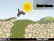 Gameplay screen of a powerful red ATV riding over a steep dirt mountain jump against a timer in the free online racing game Stunt Mountain.