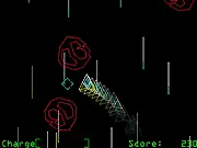 Gameplay screenshot of the retro sci-fi game Hyper Collider, showing the player's ship narrowly avoiding several geometric asteroids in space.