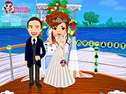 Boat Wedding Dress Up free online game screenshot showing a beautiful bride in her gown on a boat deck at sunset.