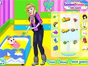 Babysitter & Baby Dress Up game screen, a female character and a baby in cute matching clothes, play free online fashion game