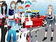 Race Chick Dress Up game screenshot showing a female character in racing gear being styled with a cool helmet and sporty jacket options.