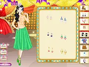 Screenshot from the dress-up game Crazy Flowery Style, showing a model wearing a fashionable dress and oversized, colorful flowery accessories