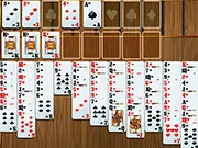 Gameplay screenshot of Freecell Duplex, showing a double deck of cards laid out in the tableau and the eight foundation piles in the card game.