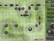 Spectrum Tower Defense game screen showing three different colored towers defending against an enemy wave on PlayArcadeHub