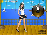 Ship Aide Dress Up game screen, a girl in a stylish uniform and hat, free online cruise ship fashion game