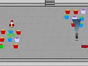Not So Merry game screenshot, Grinch-like character sneaking past a patrolling guard in the Christmas Warehouse, top-down stealth view