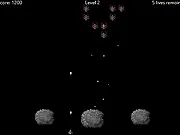Cover: Alien Shooter online gameplay screenshot showing a spaceship dodging between fast-moving geometric barriers while shooting alien enemies