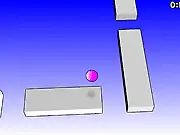 PinkBall game screenshot showing a vibrant pink sphere carefully balancing on a narrow 3D platform suspended in the air.