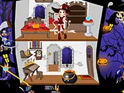 Witch House Halloween Decoration free online game screenshot showing a decorated room with a cauldron, broomstick, and spooky furniture.