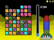 Galaxy Gems game screenshot showing a puzzle board filled with colorful, glowing space-themed gems and planets awaiting spaceship launch.