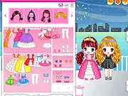 Screenshot from Flower Girl Duo Dressup game showing two young female characters being styled with colorful, floral dresses and spring-themed accessories.